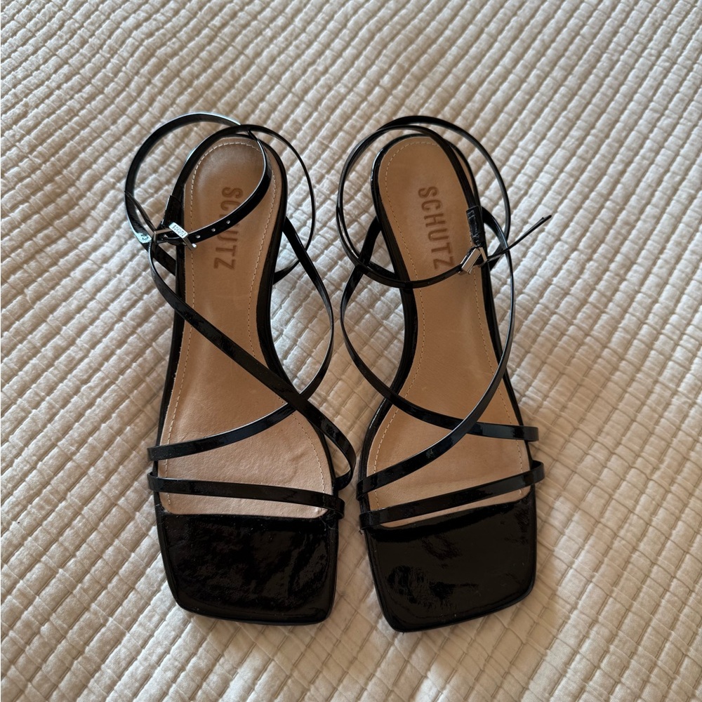 SCHUTZ Black Patent Leather Strappy Kitten Heel Sandals